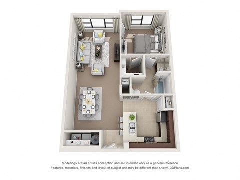 Floor plan for 1 bed, 1 bath, 708 sqft